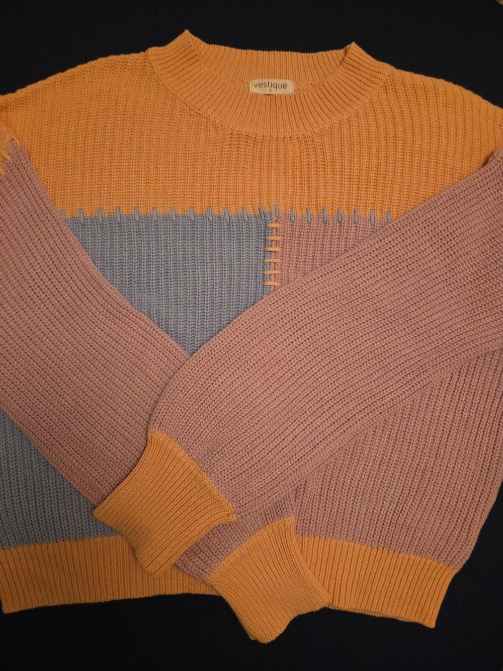 Vestique Colorblock Whipstitch Patchwork Sweater Small